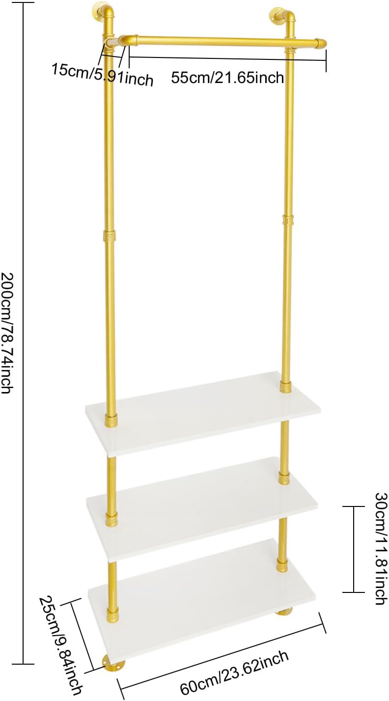 Gold Clothing Racks Wall Mounted Metal Clothes Rack with 3 Wood Shelves, Display Retail Clothing Garment Rack and Walk In Closet for Hanging Clothes Heavy Duty for Boutiques, Wardrobe, Bedroom