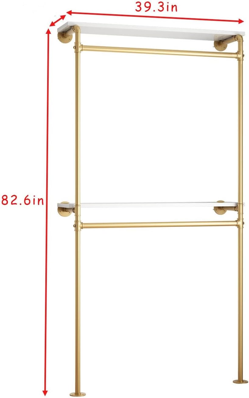 DR.IRON Gold Pipe Clothing Racks with 2 Tier Shelves, Wall Mounted Gold Clothes Rack with Double Hanging Rods Heavy Duty Garment Storage Rack Display Racks Rod for Clothes,Laundry Room