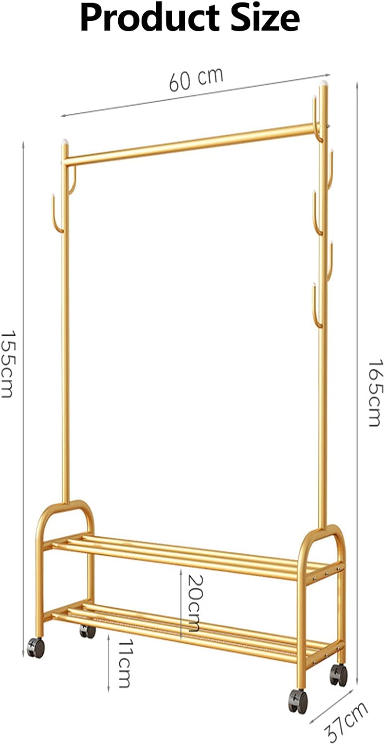 Clothes Rail Garment Rack Gold Drying Rack Rolling Garment Rack Wheels with 7 Hooks Organizer Storage Shelf for Bedroom, Living Room Balcony Entryway Stand Clothes Rod (60x37x165cm) ( 60x37x165cm)