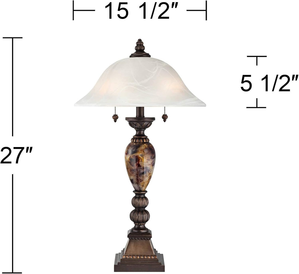 Kathy Ireland Mulholland Traditional Vintage Table Lamps 27' Tall Set of 2 Aged Bronze Faux Marble White Alabaster Glass Dome Shade for Living Room Bedroom House Bedside Nightstand Office