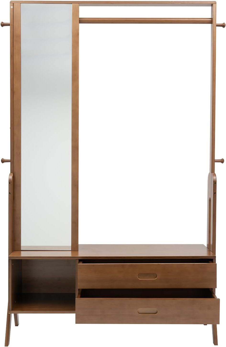 Bamboo Garment Rack with Mirror&Drawers, Freestanding Wooden Clothes Hanger with Hooks, Heavy Duty Coat Rack with Shelves, Multifunctional Open Wardrobe Closet Organizer for Entryway Bedroom (B)