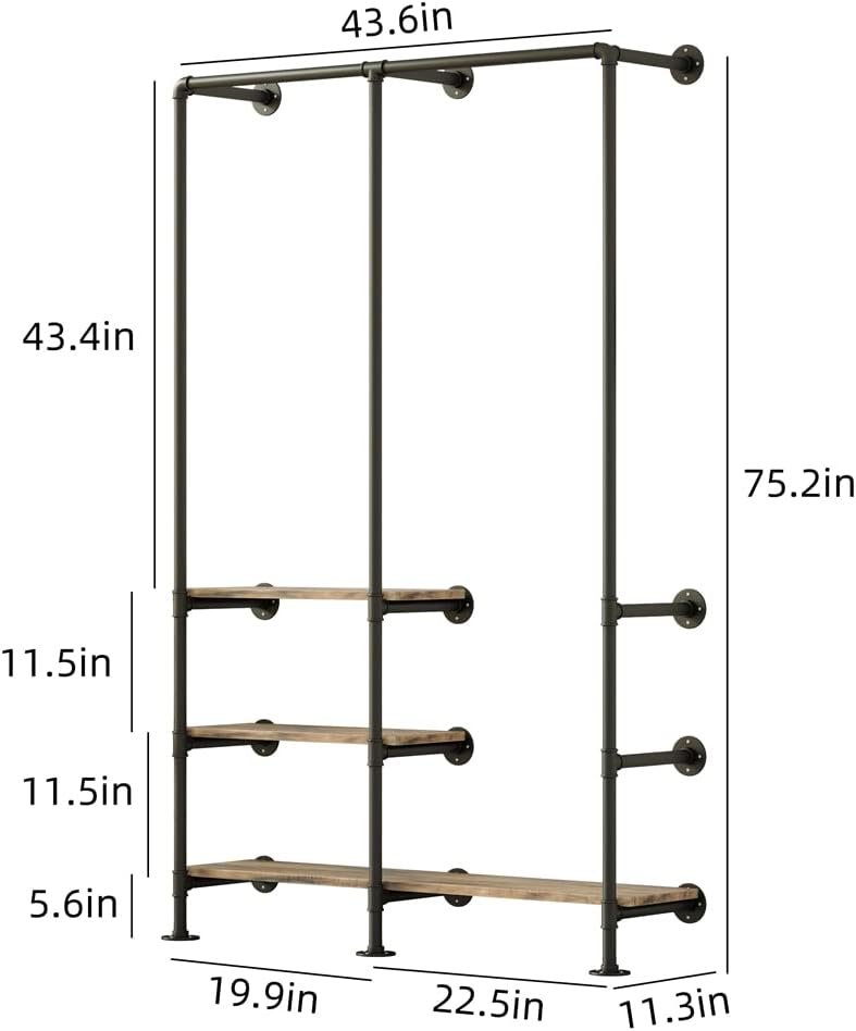 KaKaBB Industrial Wall Mounted Clothes Rack, Black Double Hanging Rods Clothing Rack, Heavy Duty Pipe Clothing Racks With Three Shelves Retail Display Garment Rack for Home/Boutique