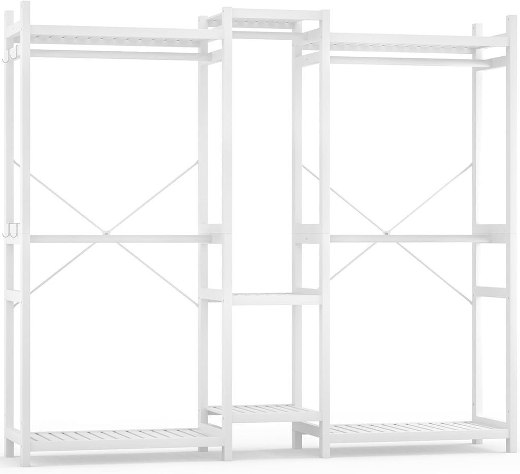 Homykic Bamboo Closet System, Large Clothing Rack for Hanging Clothes, Freestanding Clothes Rack with 7 Shelves & 5 Hanging Rods, Open Wardrobe Closet Organizer Garment Rack with 4 Hooks, Pure White