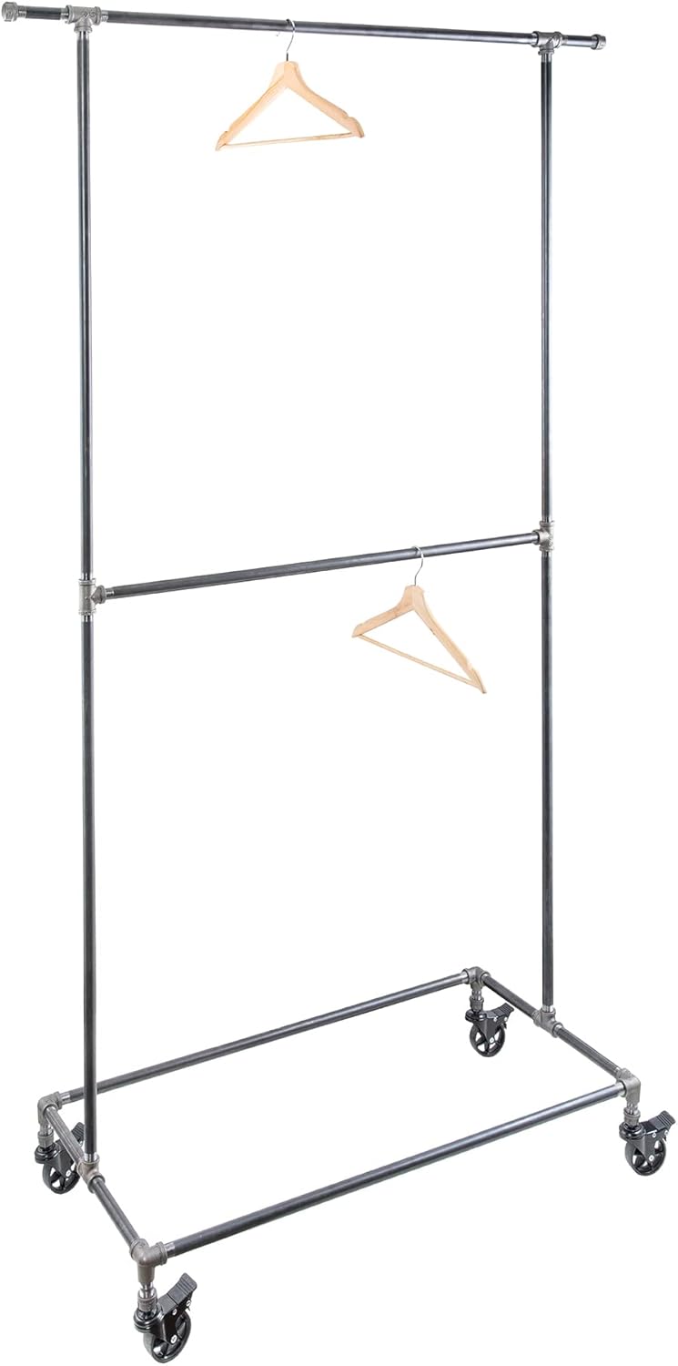 PIPE DECOR 39' x 20 ¼' x 82' Rolling Steel Pipe Double Rod Clothing Rack, Commercial or Residential Industrial Clothes Display, Heavy Duty Black Steel Metal Wheeled Garment Frame