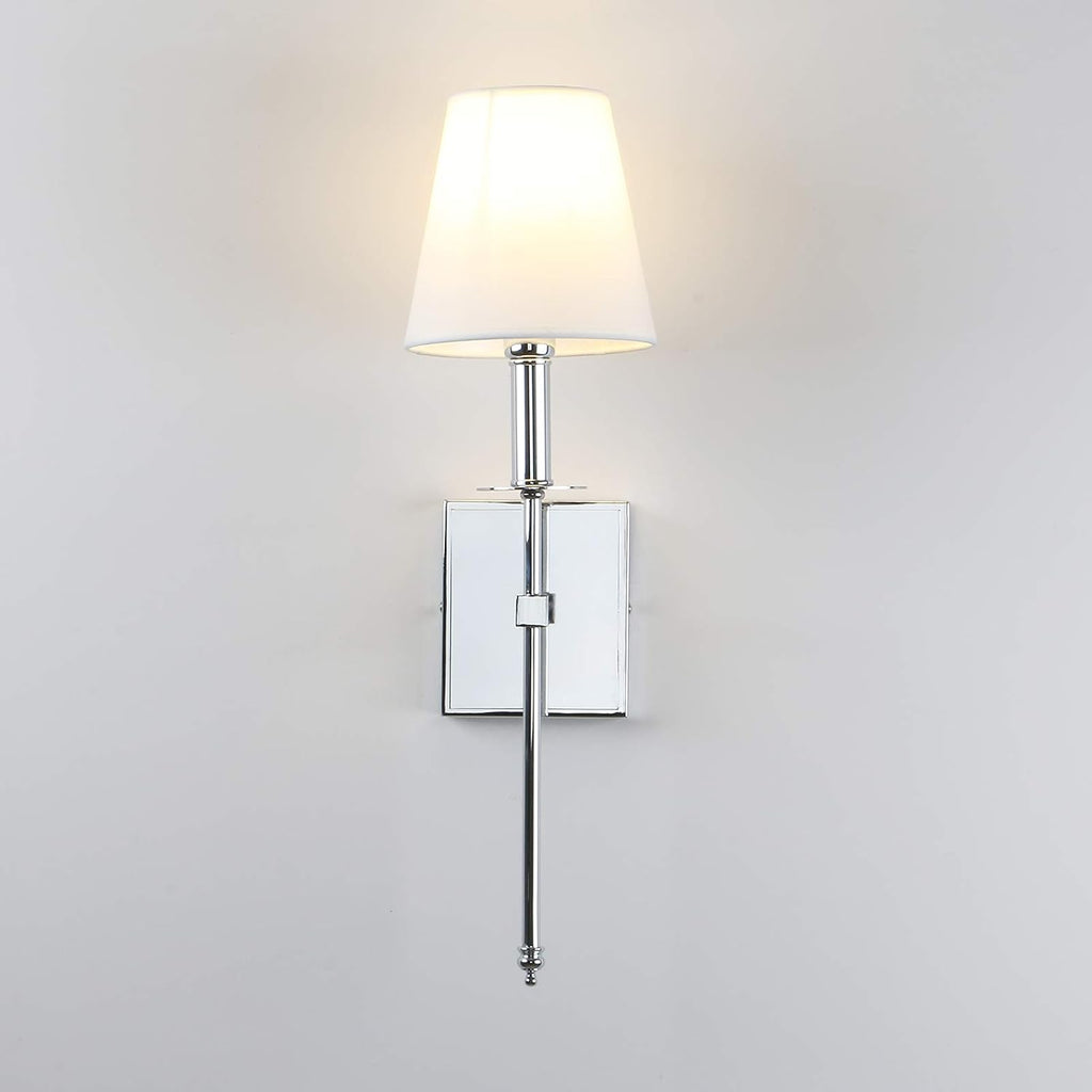 PERMO Set of 2 Classic Rustic Industrial Wall Sconce Lighting Fixture with Flared White Textile Lamp Shade and Chrome Tapered Column Stand, Hardwired, E26 Base