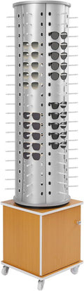 114 Pairs Glasses Rack, Floor-Standing Sunglasses Display Rack, 360° Rotating Eyewear Holder, Eyeglasses Storage Organizer, Sunglasses Display Stand with Cabinet & Wheels, Silver+Yellow