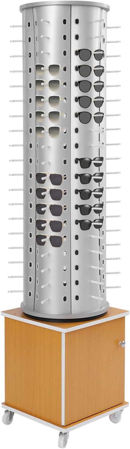 114 Pairs Glasses Rack, Floor-Standing Sunglasses Display Rack, 360° Rotating Eyewear Holder, Eyeglasses Storage Organizer, Sunglasses Display Stand with Cabinet & Wheels, Silver+Yellow