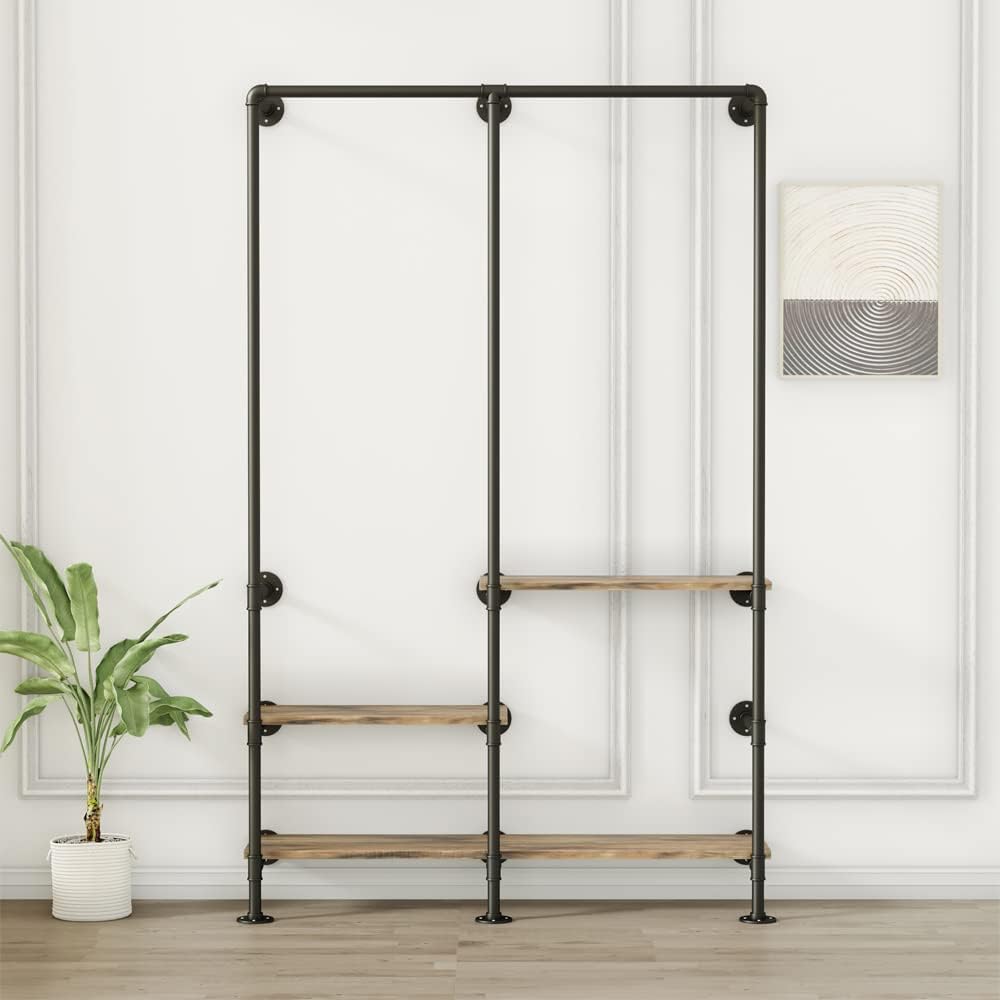 KaKaBB Industrial Wall Mounted Clothes Rack, Black Double Hanging Rods Clothing Rack, Heavy Duty Pipe Clothing Racks With Three Shelves Retail Display Garment Rack for Home/Boutique