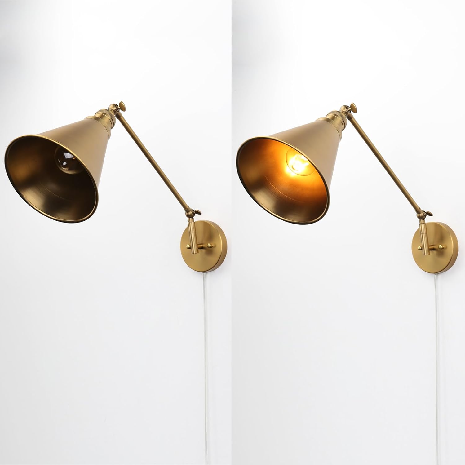 PERMO Wall Sconce Set of 2 Plug in Metal Wall Sconces Swing Arm Wall Light with Flared Metal Shade for Bedside Bedroom (Antique Gold)