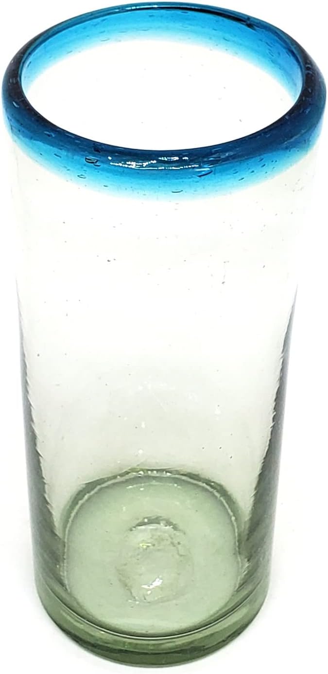 Aqua Blue Rim 15 oz Highball Glasses (set of 6), Recycled Glass, Lead-free, Toxin-Free (Highball)