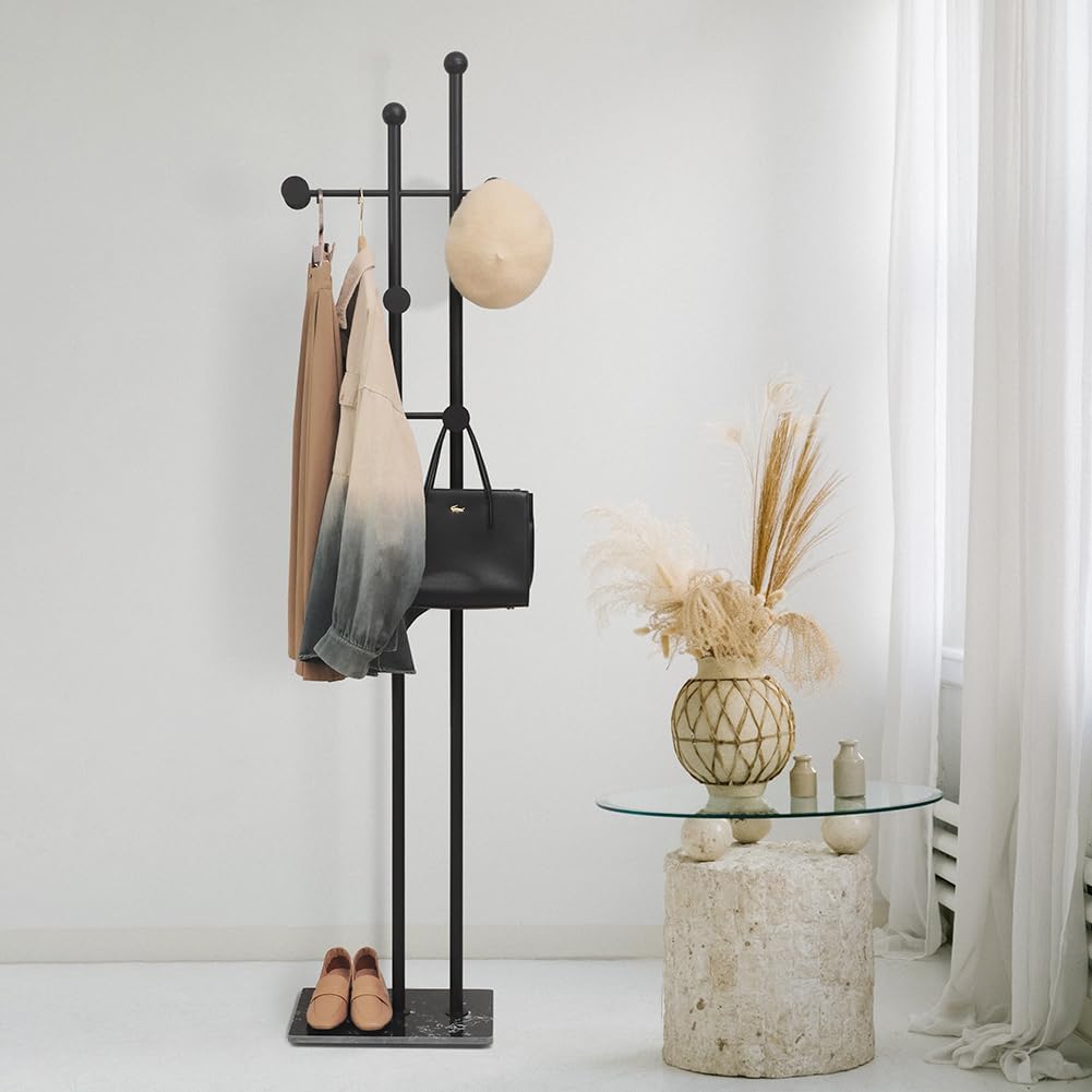 Marble Base Coat Rack Freestanding Metal Modern Coat Rack Stand for Hanging Clothes Rack Stand for Bedroom Standing Garment Rack Heavy Duty Coat Hanger Freestanding Hanger Black