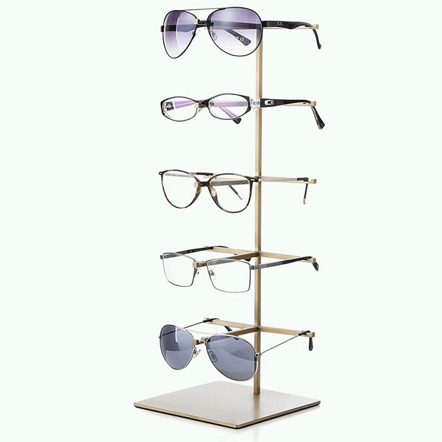 Metal Sunglasses Display Stand,5-Tier Retail Eyewear Holder Countertop Sunglass Organizer Shelf,Reading Glasse Holder Jewelry Tray (Gold 4th Floor)