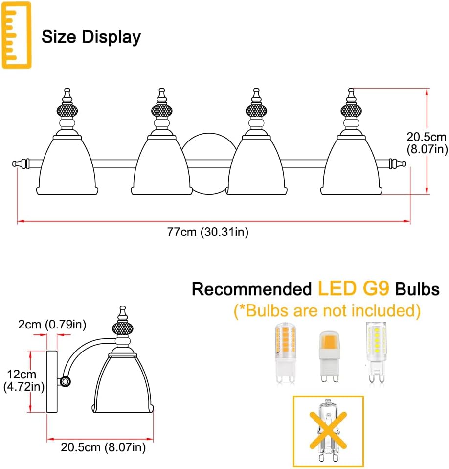 Brushed Antigue Brass Bathroom Light Fixtures 4 Lights, Antique Brass Vanity Light, Vanity Light Over Mirror, Vintage Bathroom Light with Clear Flower Glass, Lights for Wall Interior Hallway