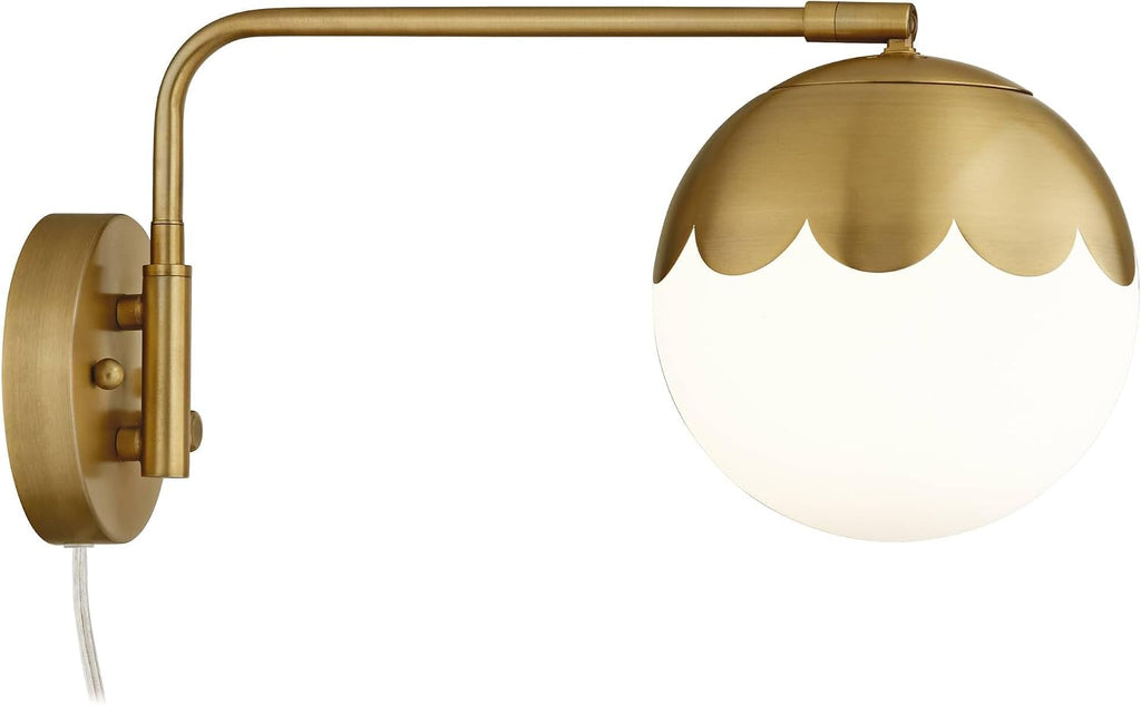 360 Lighting Kelowna Modern Swing Arm Wall Lamps Set of 2 Antique Brass Metal Plug-in Light Fixture Round Glass Globe Shade for Bedroom Bedside House Reading Living Room Home Hallway Dining