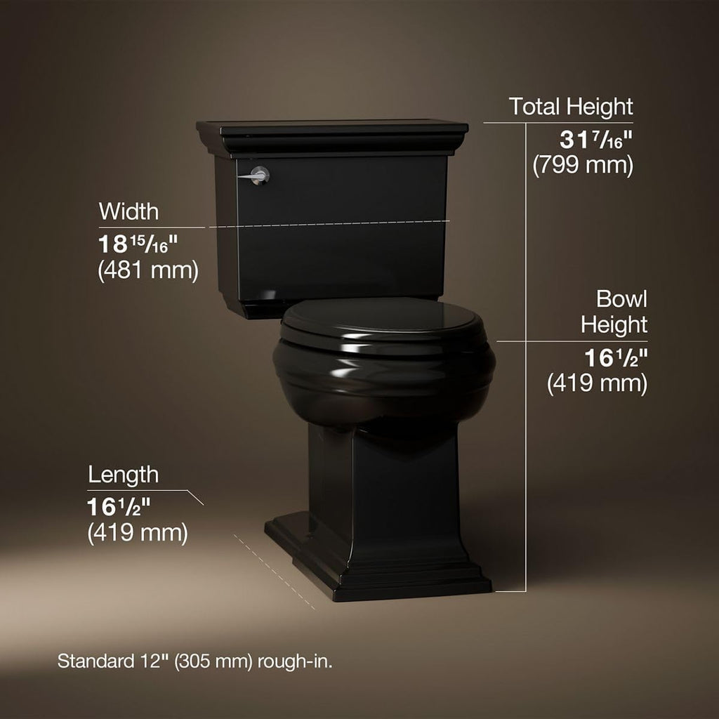 KOHLER K-6669-7 Memoirs Stately Comfort Height Elongated 1.28 GPF Toilet with Aqua Piston Flush Technology, Concealed Trap Way and Left-Hand Trip Lever (2 Piece), Black