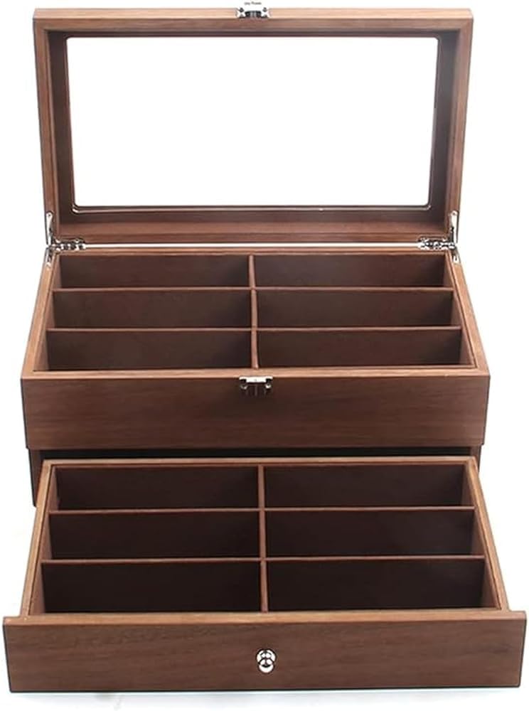 2 Layer Wooden Sunglasses Storage Case - 12 Slot Organizer with Clear Display Top & Drawer for Jewelry, Accessories, Eyewear, and Sunglasses Storage
