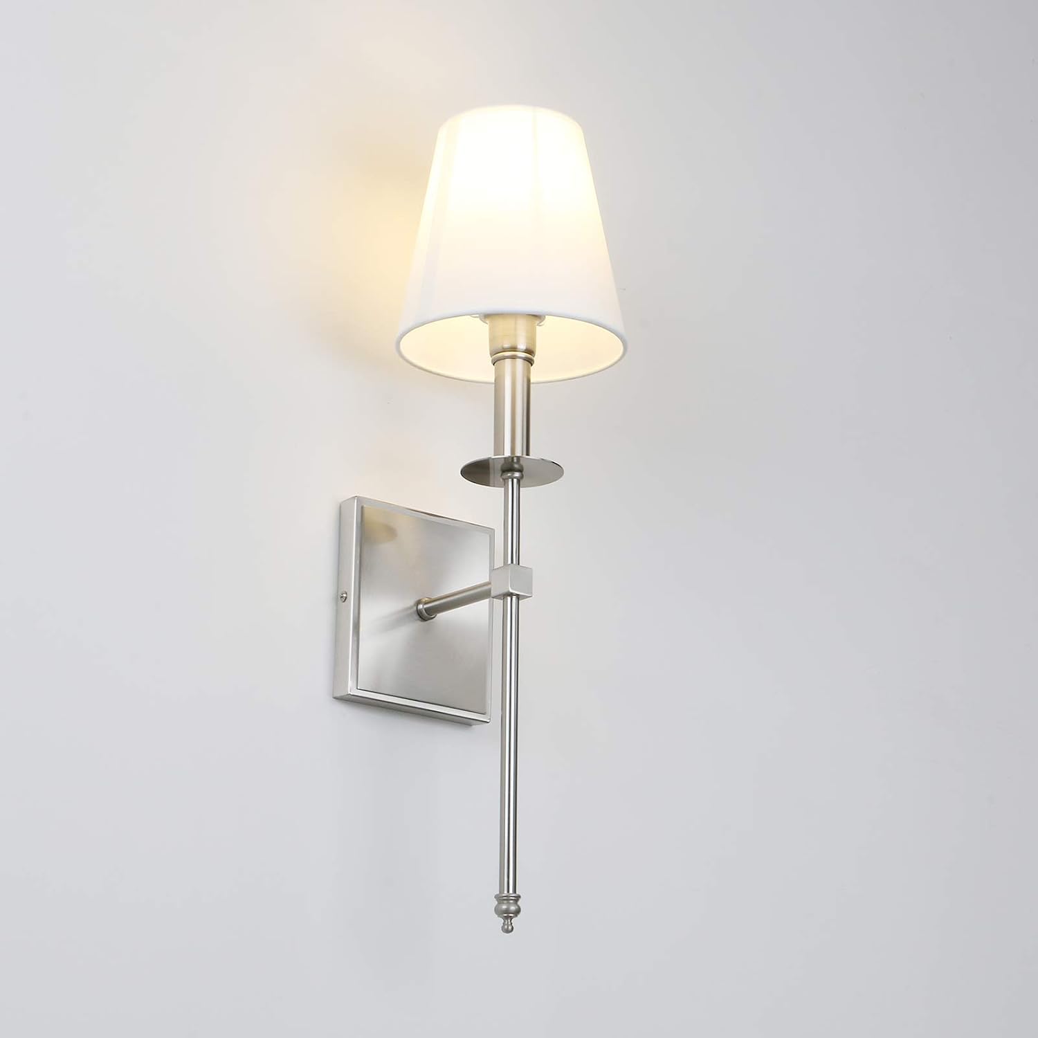 PERMO Set of 2 Classic Rustic Industrial Wall Sconce Lighting Fixture with Flared White Textile Lamp Shade and Brushed Tapered Column Stand, Hardwired, E26 Base