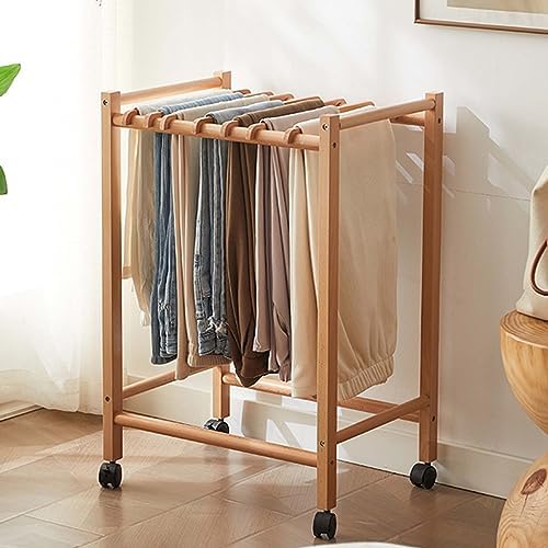Wooden Rolling Trousers Rack with Wheels – Freestanding Metal Garment Organizer for Bedroom & Laundry Room – Multi-Functional Hanger for Pants, Skirts & Scarves