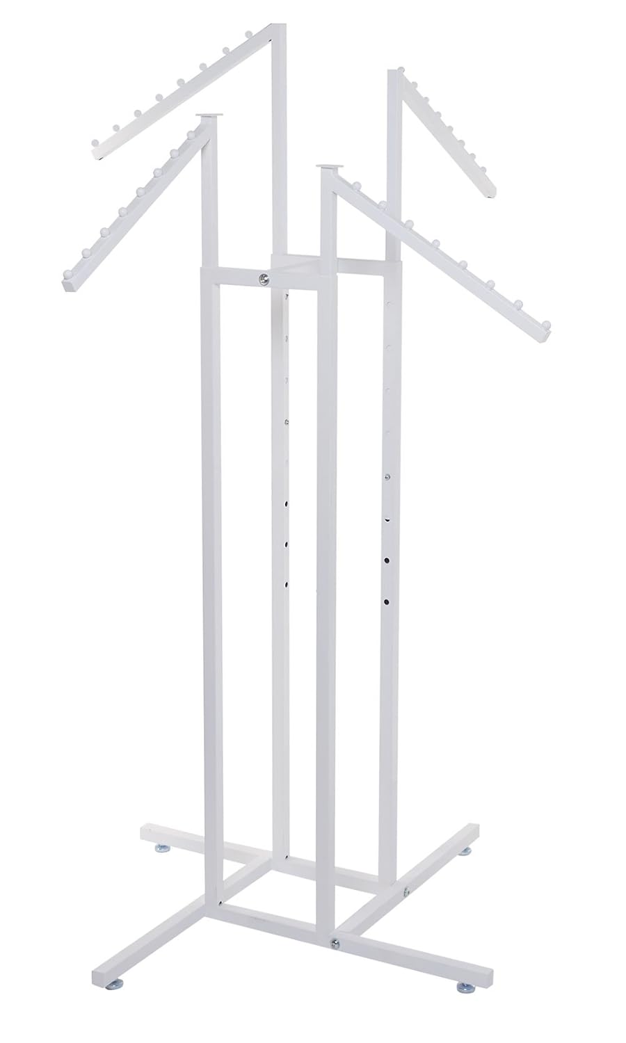 SSWBasics White 4-Way Clothes Rack with Slant Arms - Sturdy Garment Rack for Retail Display - Versatile Hanging Clothes Rack for Organized Clothing Storage