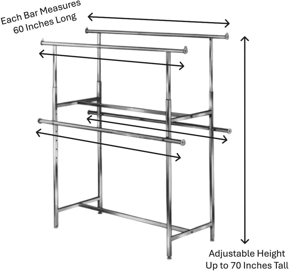 Econoco Double Bar Garment Rack, Adjustable Height 49–70in, Chrome Clothing Rack with Rectangular Hangrails, 60in Wide