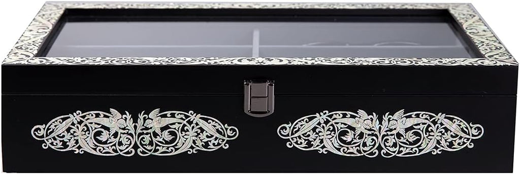 Antique Alive Mother of Pearl Wood Sunglasses Box Eyeglasses Valet Display Storage Case for Glasses, Watches, Jewelry, Trinkets Wooden Accessory Organizer Gift (Archangel Glass Black)