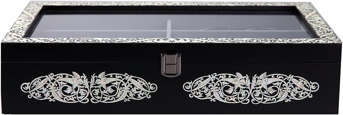 Antique Alive Mother of Pearl Wood Sunglasses Box Eyeglasses Valet Display Storage Case for Glasses, Watches, Jewelry, Trinkets Wooden Accessory Organizer Gift (Archangel Glass Black)