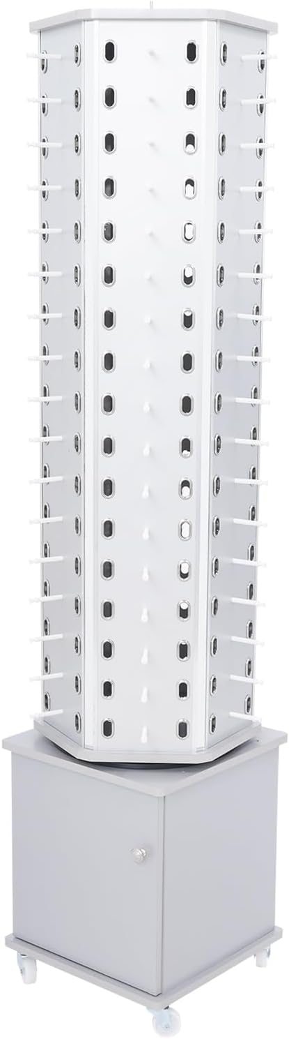 Sunglasses Retail Display Rack, 6-Sided Wood Floor-standing Eyeglass Holder, 102-Pair Eyewear Holder, 360°Rotating, with Storage Cabinet & 4 Swivel Wheels for Retail Exhibition (Silver)
