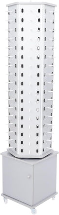 Sunglasses Retail Display Rack, 6-Sided Wood Floor-standing Eyeglass Holder, 102-Pair Eyewear Holder, 360°Rotating, with Storage Cabinet & 4 Swivel Wheels for Retail Exhibition (Silver)