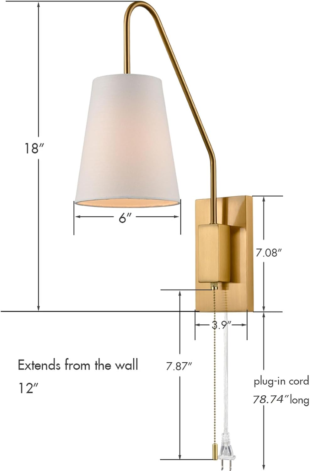 Modern Brass Plug-in Wall Sconces Set of Two Fabric Shade Bedroom Wall Lamp with Pull Chain Switch