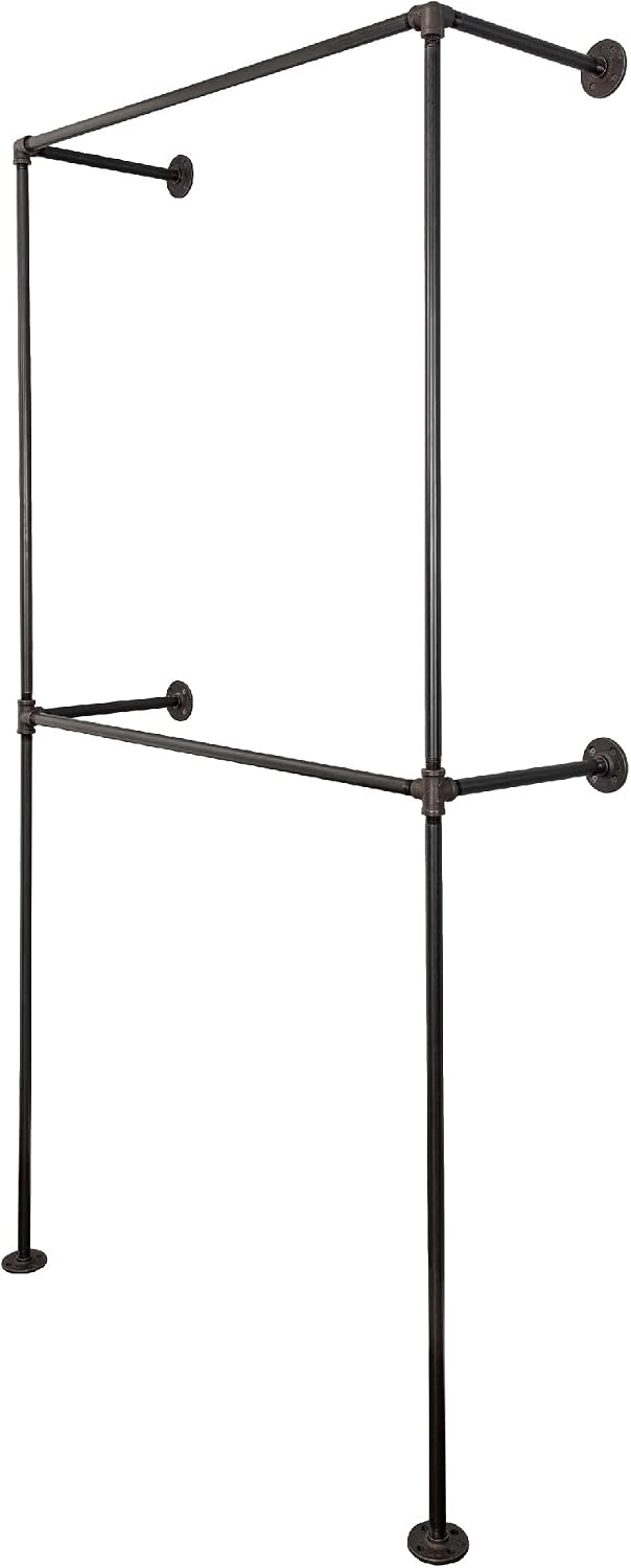 PIPE DECOR 2-Tier Wall Mounted Industrial Pipe Clothing Rack, 38.5 in W x 78.5 in H, Matte Black Pipe, Fittings and Flanges, Industrial Design and Look for Home, Retail or Commercial Use