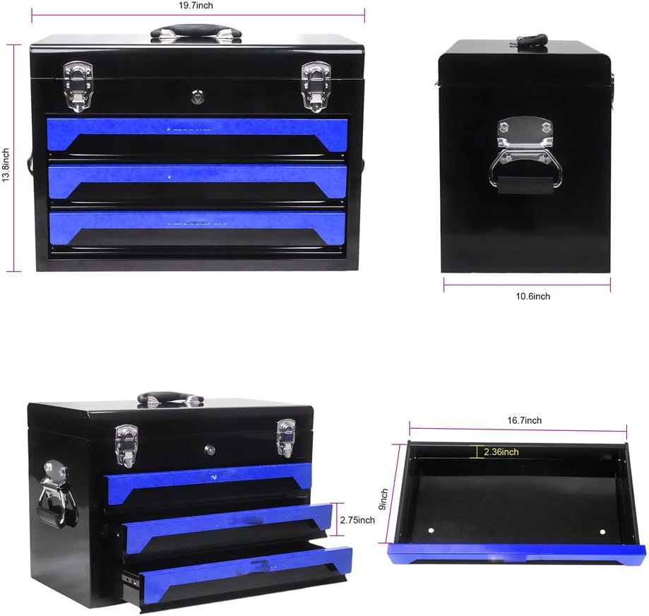 3 Box Set,Metal Toolbox Portable Tool Chest Organizer with Ball-Bearing Drawer Slides for Garage Workshop Maintenance Repair Projects, Black+Blue