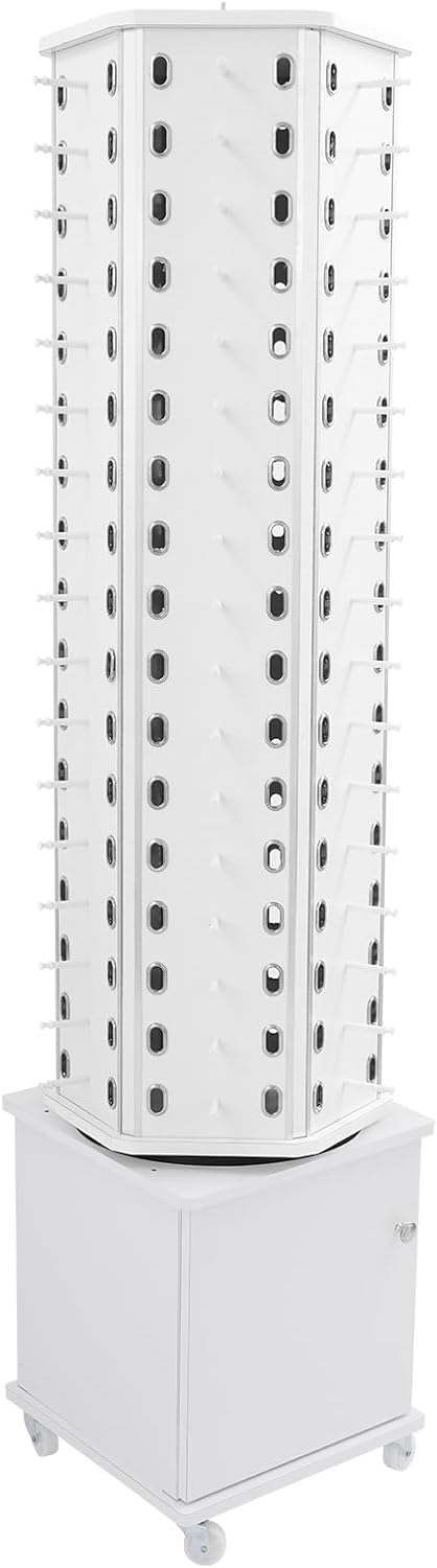 Sunglasses Retail Display Rack, 6-Sided Wood Floor-standing Eyeglass Holder, 102-Pair Eyewear Holder, 360°Rotating, with Storage Cabinet & 4 Swivel Wheels for Retail Exhibition (White)