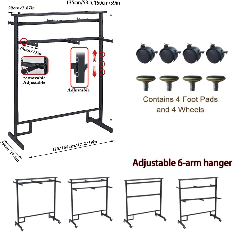 Freestanding Metal Garment Rack, Retail Clothing Rack with Wheels, 6 Way Heavy Duty Clothes Rack, Commercial Clothes Display Rack for for Hanging Clothes, Coats, Skirts,59in*20 * 59in