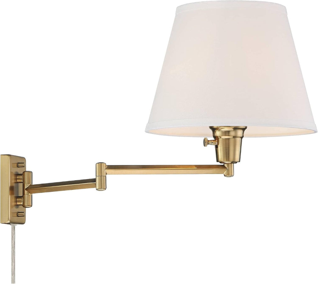 360 Lighting Clement Industrial Swing Arm Wall Lamps Set of 2 Warm Brass Gold Metal Plug-in Light Fixture White Linen Hardback Drum Shade for Bedroom Bedside House Reading Living Room Home