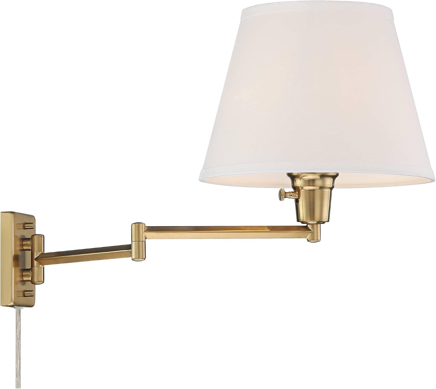 360 Lighting Clement Industrial Swing Arm Wall Lamps Set of 2 Warm Brass Gold Metal Plug-in Light Fixture White Linen Hardback Drum Shade for Bedroom Bedside House Reading Living Room Home