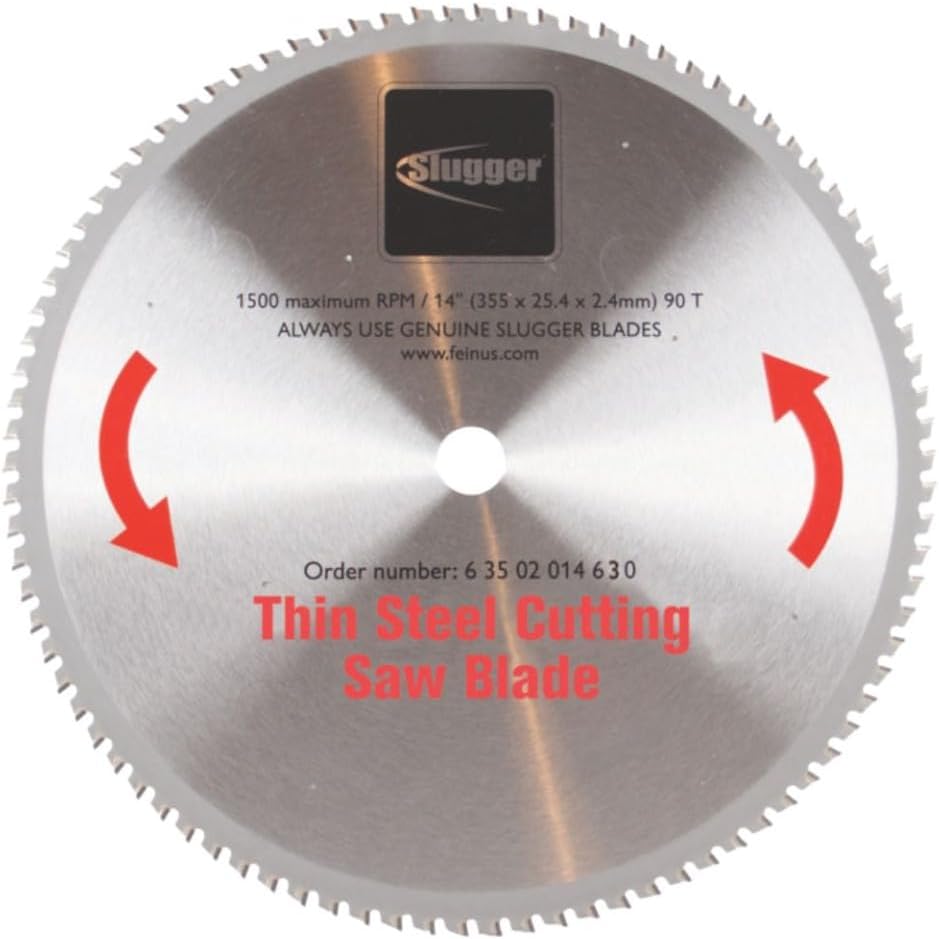 Slugger by Fein Thin Steel Cutting Saw Blade - Fast and Accurate Cuts up to 1/4' in Aluminum, Stainless Steel & Mild Metals, 14' Diameter, 90 Teeth - 63502014630