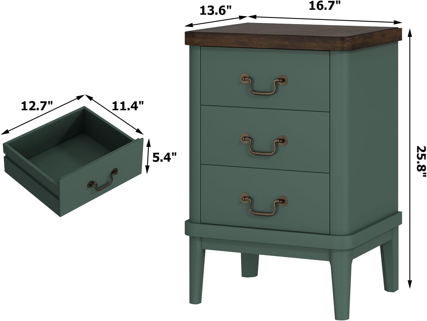 Wnutrees Farmhouse Nightstand with 3 Drawers，Modern Bedside Table with Round Curved Corner and Metal Handles, Wood End Side Table for Living Room, Hallway, Green Set of 2