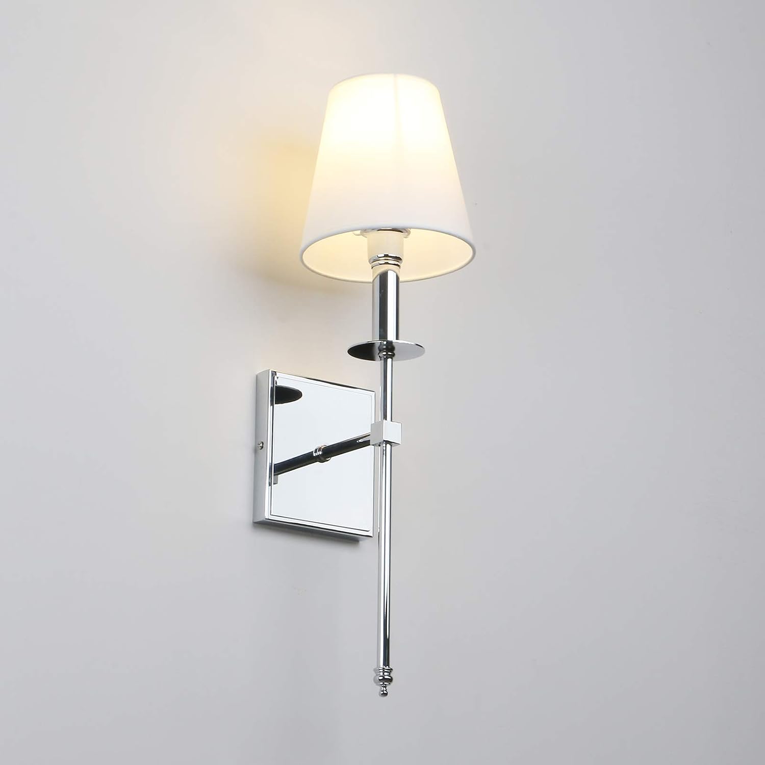 PERMO Set of 2 Classic Rustic Industrial Wall Sconce Lighting Fixture with Flared White Textile Lamp Shade and Chrome Tapered Column Stand, Hardwired, E26 Base