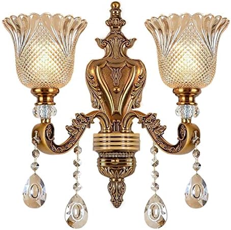 Vintage Crystal Wall Sconces Set of 2 - Antique Brass Floral Design Hanging Lamps for Bedroom, Living Room, Bathroom, Hallway - Elegant Lighting Fixture (B, 2 Lights)