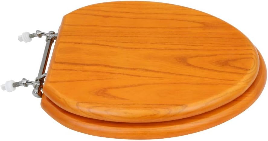 Renovators Supply Manufacturing™ Light Oak Wooden Elongated Toilet Seat with Chrome Hinges & Stabilizers – Solid Hardwood, Durable Cross-Frame Design