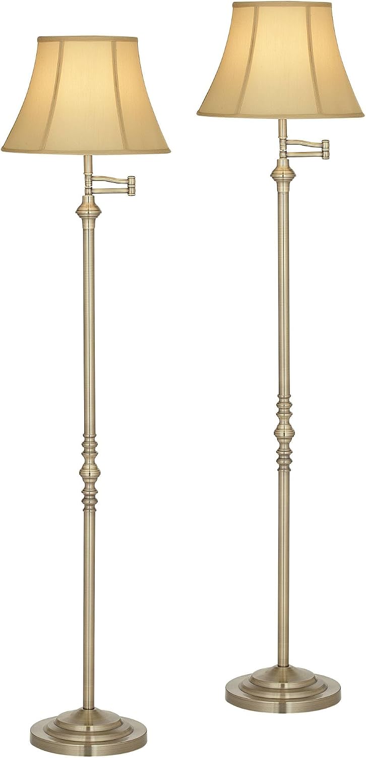 Regency Hill Montebello Traditional 60' Tall Standing Floor Lamps Set of 2 Lights Swing Arm Adjustable Gold Metal Antique Brass Finish Living Room Bedroom House Reading Office Home Decor Entryway