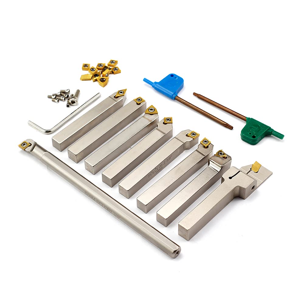 OSCARBIDE 3/8'Shank 9 Pieces/Set,Indexable Lathe Turning Tool Holder and Boring Bar,CNC Heavy-Duty Nickel Plated indexable Insert Holders for Turning Grooving Threading Cut Off