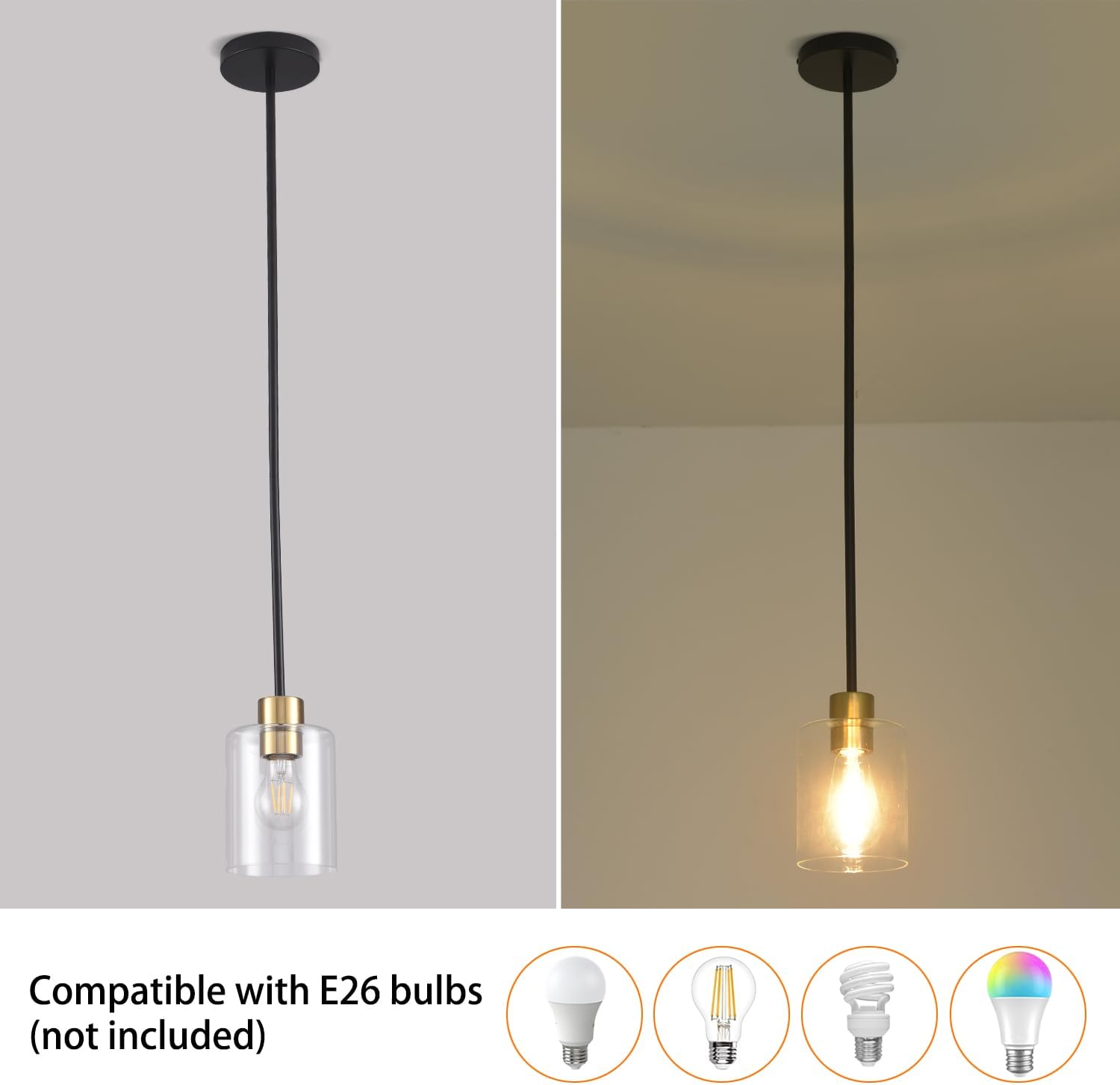 Modern 3 Pack Black Gold Pendant Lights for Kitchen Island, Brushed Brass Modern Hanging Light with Clear Glass Shade, Adjustable Metal Rod Pendant Lighting for Dining Room, Living Room, Bar, Entryway