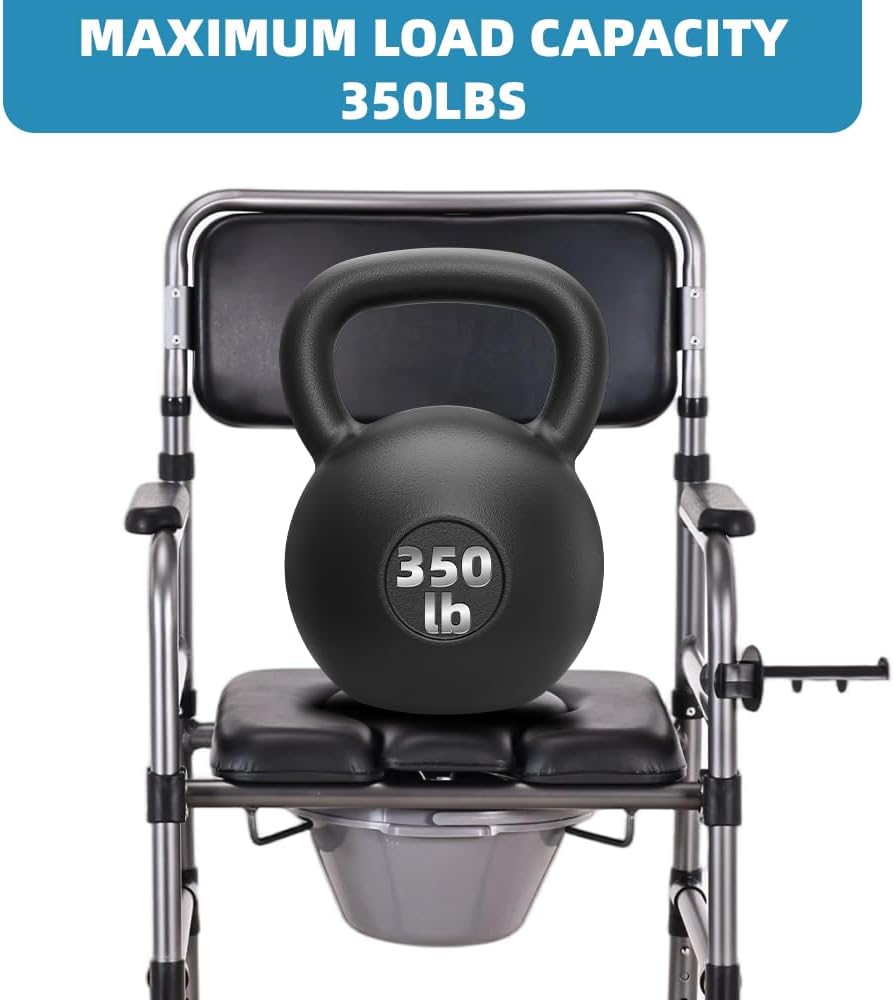 Bedside Commode Chair for Seniors, 3-in-1 Foldable Toilet Chair Wheels 400lbs Heavy Duty, Adjustable Shower Chair PU Seat Backrest, Portable Commode Elderly Disabled, Toilet-Round (OPEN TYPE)