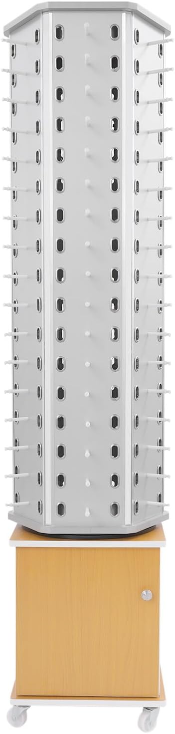 Sunglasses Retail Display Rack, 6-Sided Wood Floor-standing Eyeglass Holder, 102-Pair Eyewear Holder, 360°Rotating, with Storage Cabinet & 4 Swivel Wheels for Retail Exhibition (Silver&Yellow)