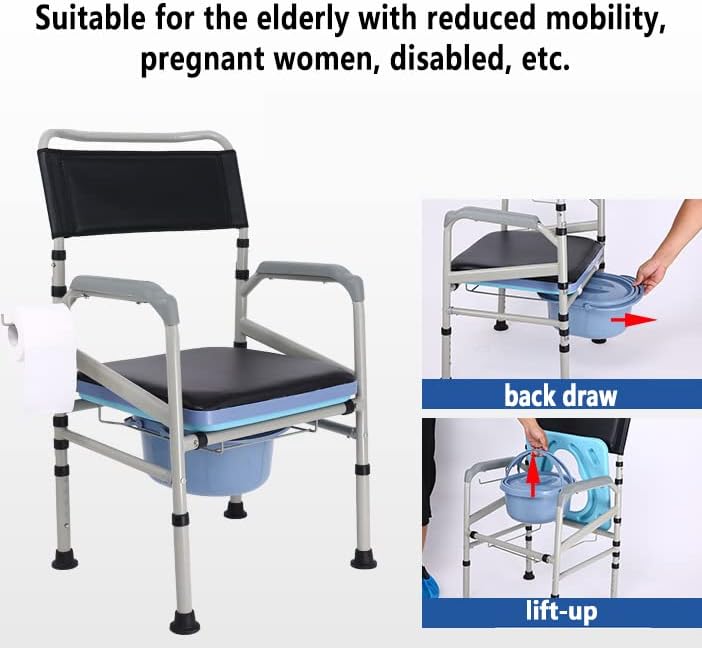 Commode Chair The Elderly, 5-Level Height Adjustment, 3 in 1 Bedside and Bathroom Steel Commode Toilet Seat, with Commode Bucket, Splash Guard and Arms