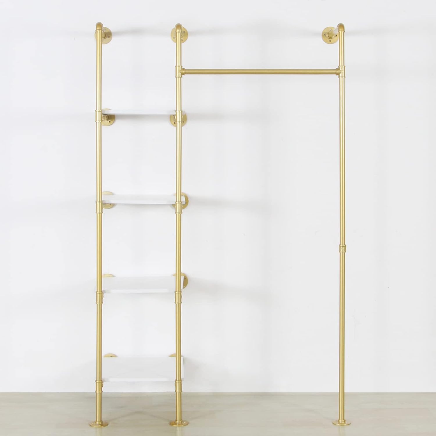 Garment Rack Heavy Duty Clothes Rack for Hanging Clothes, Metal Freestanding Closet Wardrobe Shelf, Gold Industrial Pipe Clothing Racks with Shelves Closet Rods System