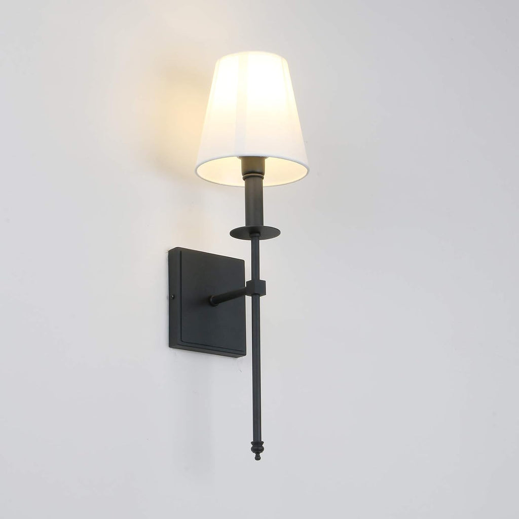 PERMO Set of 2 Classic Rustic Industrial Wall Sconce Lighting Fixture with Flared White Textile Lamp Shade and Black Tapered Column Stand, Hardwired, E26 Base