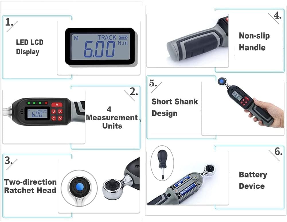 High Precision 1/4 Inch Digital Torque Wrench with Buzzer & LED Display, Sound & Light Alarm, 4 Measuring Modes, Compact Design for Mechanics & DIY Enthusiasts (0.6)