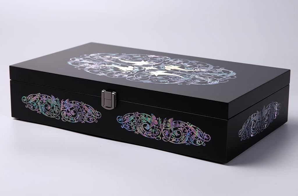 Antique Alive Mother of Pearl Wood Sunglasses Box Eyeglasses Valet Display Storage Case for Glasses, Watches, Jewelry, Trinkets Wooden Accessory Organizer Gift (Archangel Black)